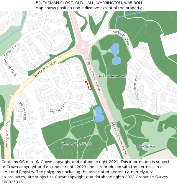 59, TASMAN CLOSE, OLD HALL, WARRINGTON, WA5 8QN: Location map and indicative extent of plot