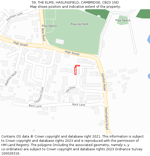 59, THE ELMS, HASLINGFIELD, CAMBRIDGE, CB23 1ND: Location map and indicative extent of plot