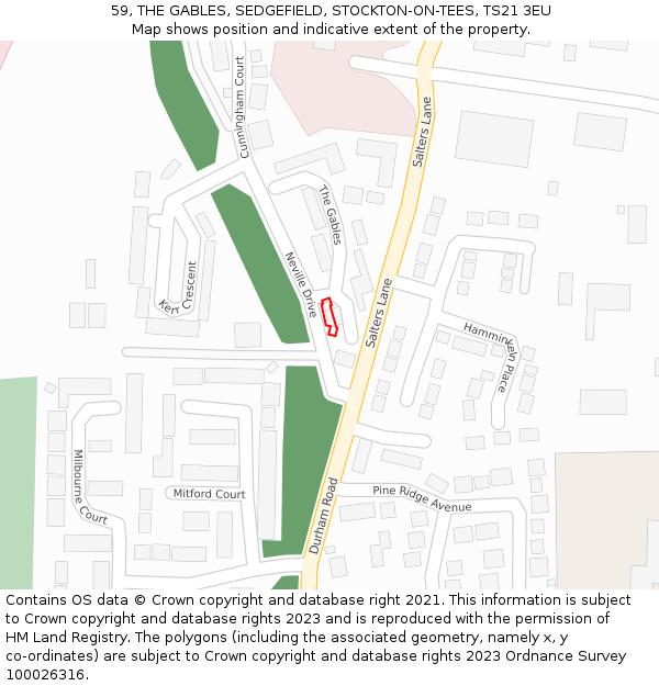 59, THE GABLES, SEDGEFIELD, STOCKTON-ON-TEES, TS21 3EU: Location map and indicative extent of plot