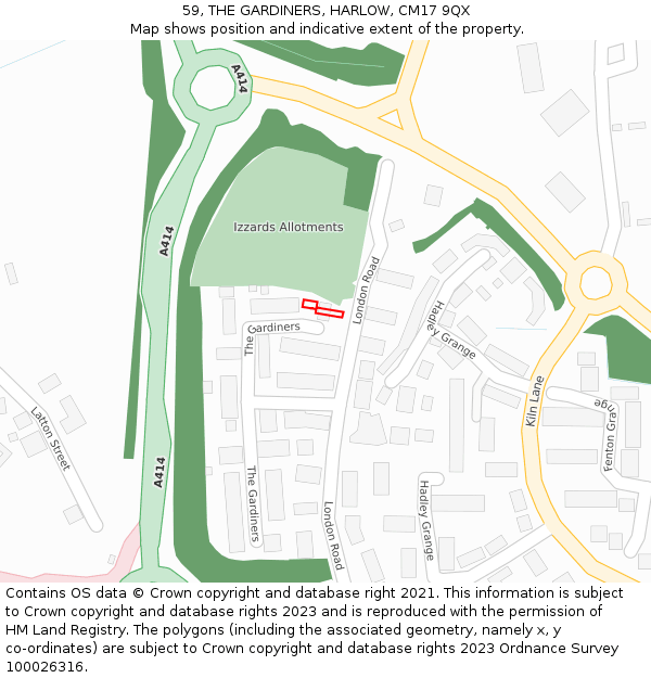 59, THE GARDINERS, HARLOW, CM17 9QX: Location map and indicative extent of plot