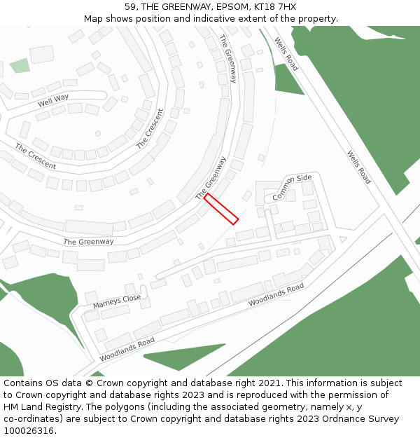59, THE GREENWAY, EPSOM, KT18 7HX: Location map and indicative extent of plot
