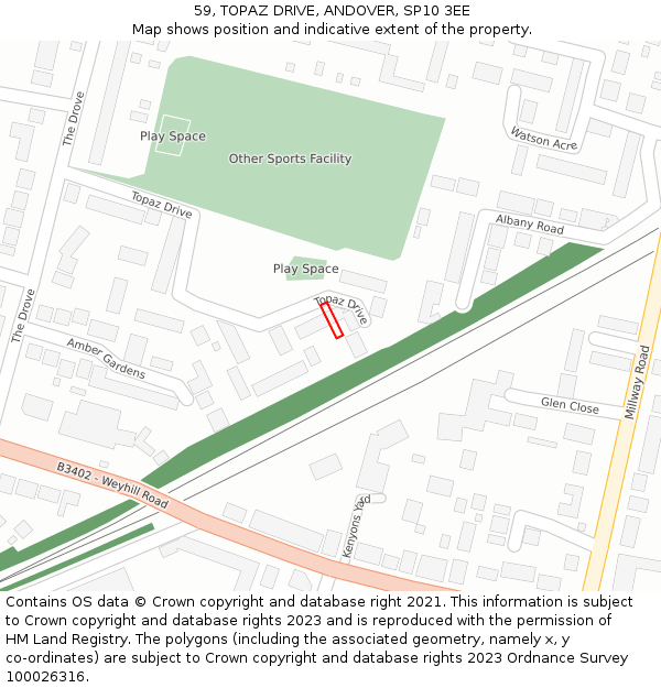 59, TOPAZ DRIVE, ANDOVER, SP10 3EE: Location map and indicative extent of plot