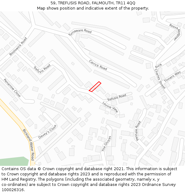 59, TREFUSIS ROAD, FALMOUTH, TR11 4QQ: Location map and indicative extent of plot