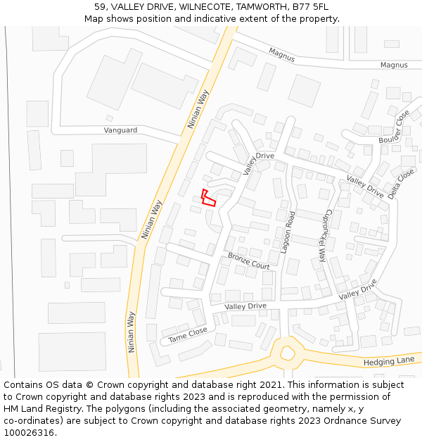 59, VALLEY DRIVE, WILNECOTE, TAMWORTH, B77 5FL: Location map and indicative extent of plot
