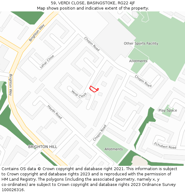 59, VERDI CLOSE, BASINGSTOKE, RG22 4JF: Location map and indicative extent of plot