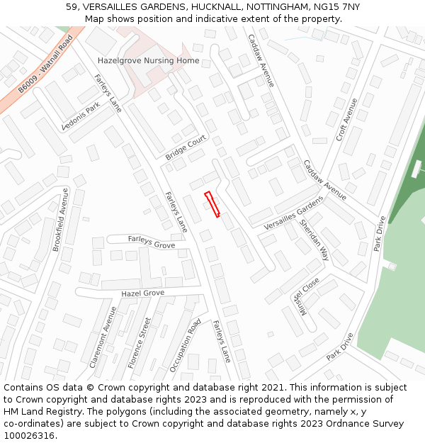 59, VERSAILLES GARDENS, HUCKNALL, NOTTINGHAM, NG15 7NY: Location map and indicative extent of plot