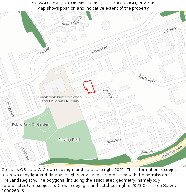 59, WALGRAVE, ORTON MALBORNE, PETERBOROUGH, PE2 5NS: Location map and indicative extent of plot