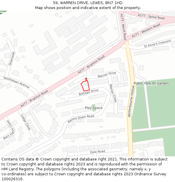 59, WARREN DRIVE, LEWES, BN7 1HD: Location map and indicative extent of plot