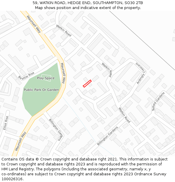 59, WATKIN ROAD, HEDGE END, SOUTHAMPTON, SO30 2TB: Location map and indicative extent of plot