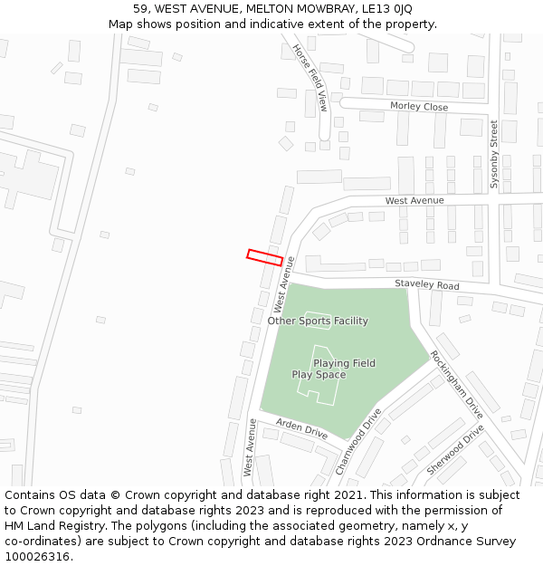 59, WEST AVENUE, MELTON MOWBRAY, LE13 0JQ: Location map and indicative extent of plot