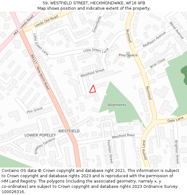 59, WESTFIELD STREET, HECKMONDWIKE, WF16 9FB: Location map and indicative extent of plot
