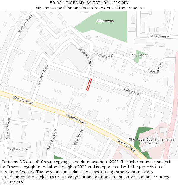59, WILLOW ROAD, AYLESBURY, HP19 9PY: Location map and indicative extent of plot
