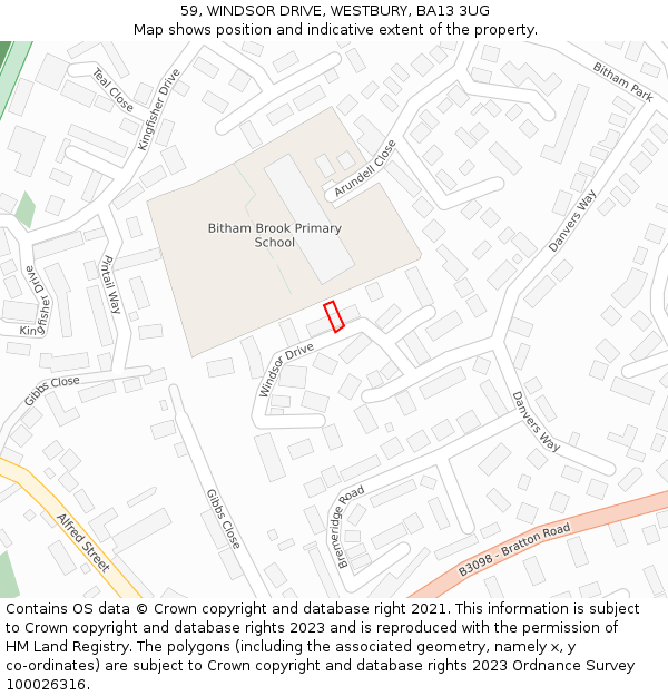 59, WINDSOR DRIVE, WESTBURY, BA13 3UG: Location map and indicative extent of plot
