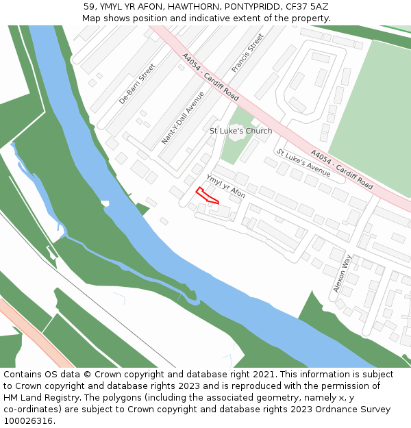 59, YMYL YR AFON, HAWTHORN, PONTYPRIDD, CF37 5AZ: Location map and indicative extent of plot