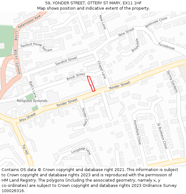59, YONDER STREET, OTTERY ST MARY, EX11 1HF: Location map and indicative extent of plot