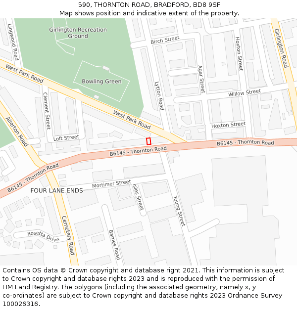590, THORNTON ROAD, BRADFORD, BD8 9SF: Location map and indicative extent of plot