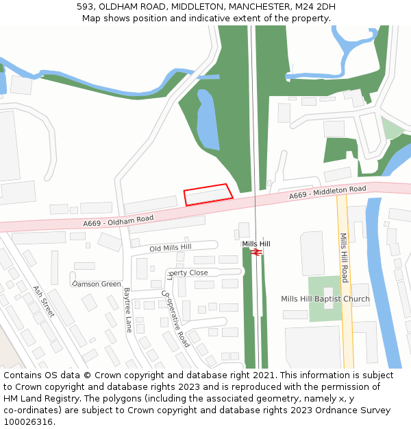 593, OLDHAM ROAD, MIDDLETON, MANCHESTER, M24 2DH: Location map and indicative extent of plot