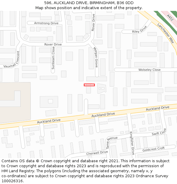 596, AUCKLAND DRIVE, BIRMINGHAM, B36 0DD: Location map and indicative extent of plot