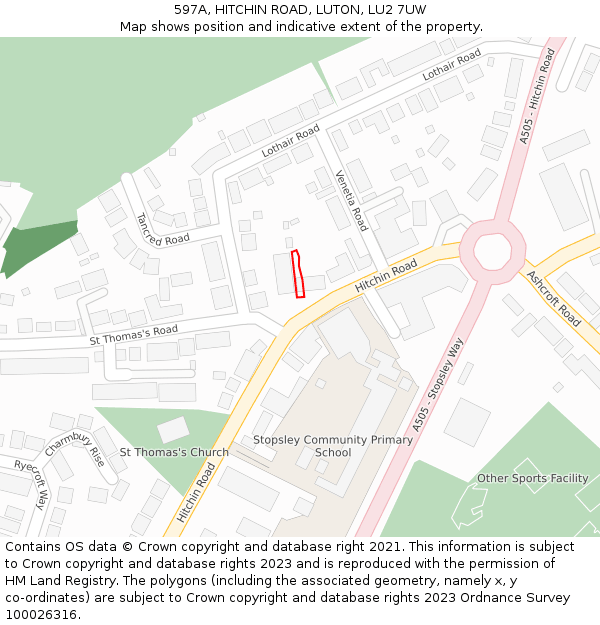 597A, HITCHIN ROAD, LUTON, LU2 7UW: Location map and indicative extent of plot