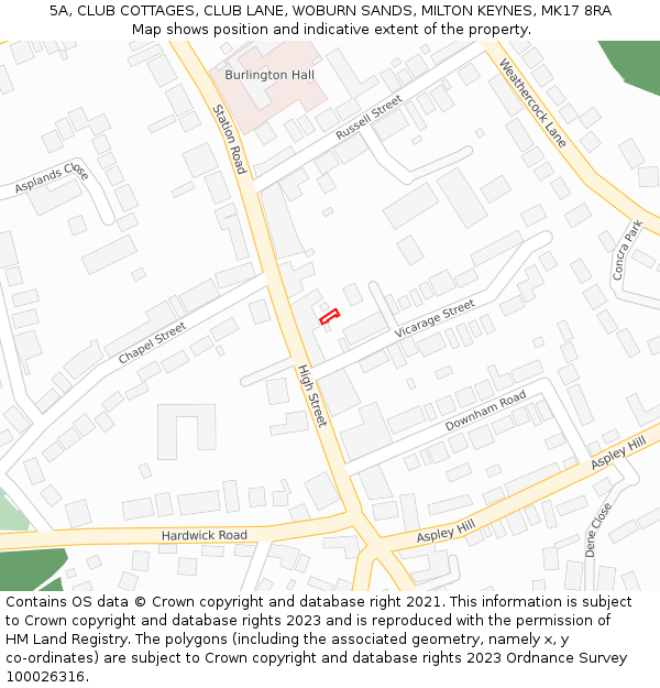 5A, CLUB COTTAGES, CLUB LANE, WOBURN SANDS, MILTON KEYNES, MK17 8RA: Location map and indicative extent of plot