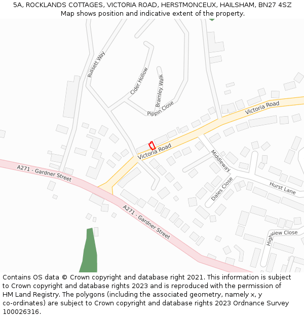 5A, ROCKLANDS COTTAGES, VICTORIA ROAD, HERSTMONCEUX, HAILSHAM, BN27 4SZ: Location map and indicative extent of plot