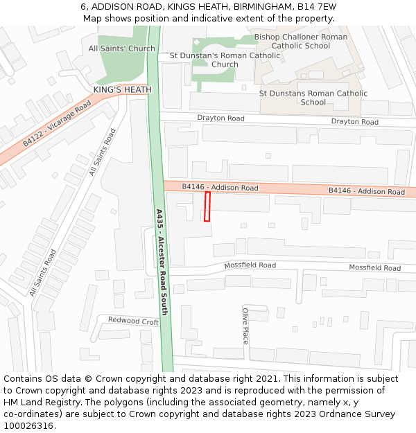 6, ADDISON ROAD, KINGS HEATH, BIRMINGHAM, B14 7EW: Location map and indicative extent of plot