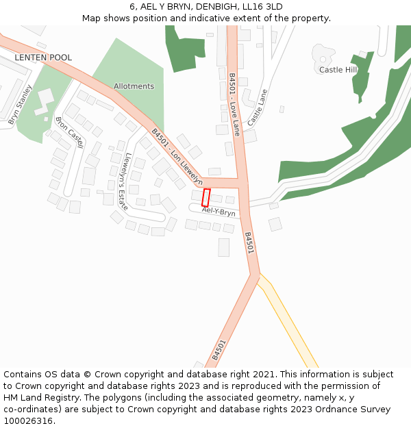 6, AEL Y BRYN, DENBIGH, LL16 3LD: Location map and indicative extent of plot
