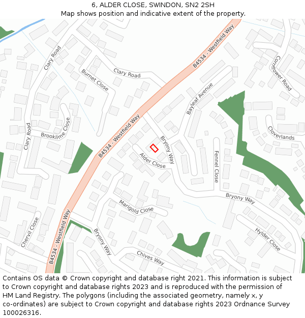 6, ALDER CLOSE, SWINDON, SN2 2SH: Location map and indicative extent of plot
