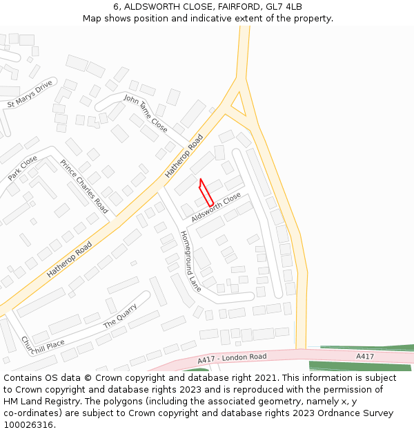 6, ALDSWORTH CLOSE, FAIRFORD, GL7 4LB: Location map and indicative extent of plot