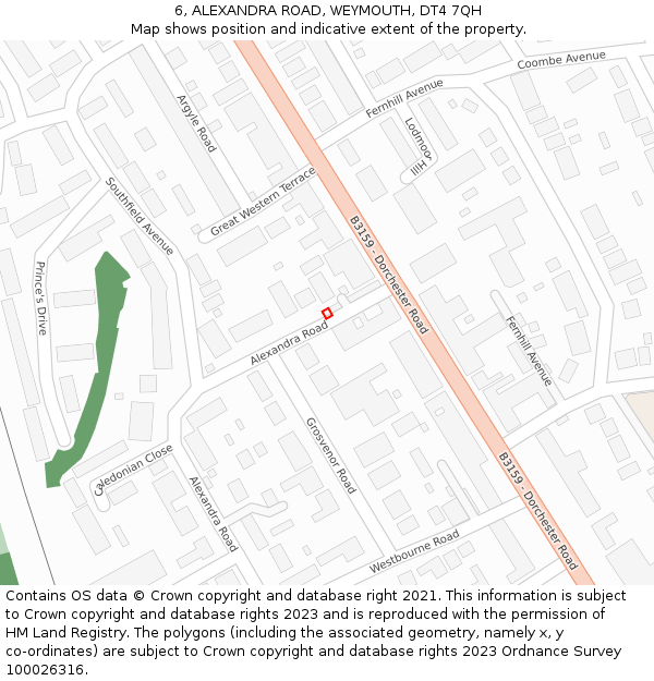6, ALEXANDRA ROAD, WEYMOUTH, DT4 7QH: Location map and indicative extent of plot
