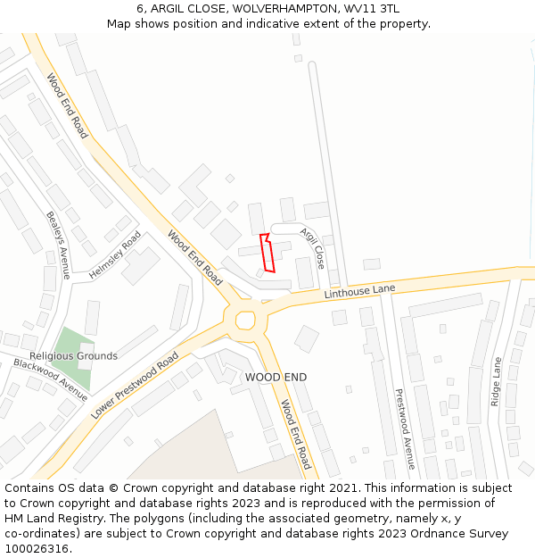 6, ARGIL CLOSE, WOLVERHAMPTON, WV11 3TL: Location map and indicative extent of plot