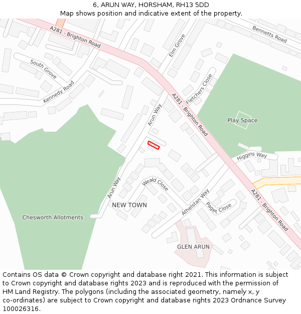 6, ARUN WAY, HORSHAM, RH13 5DD: Location map and indicative extent of plot