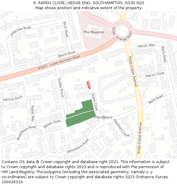 6, ASPEN CLOSE, HEDGE END, SOUTHAMPTON, SO30 0QS: Location map and indicative extent of plot