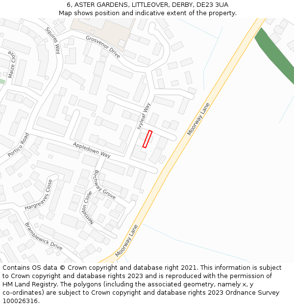 6, ASTER GARDENS, LITTLEOVER, DERBY, DE23 3UA: Location map and indicative extent of plot