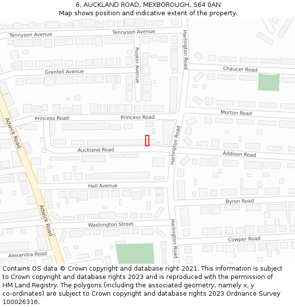 6, AUCKLAND ROAD, MEXBOROUGH, S64 0AN: Location map and indicative extent of plot