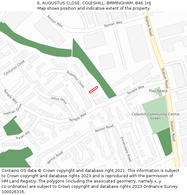 6, AUGUSTUS CLOSE, COLESHILL, BIRMINGHAM, B46 1HJ: Location map and indicative extent of plot