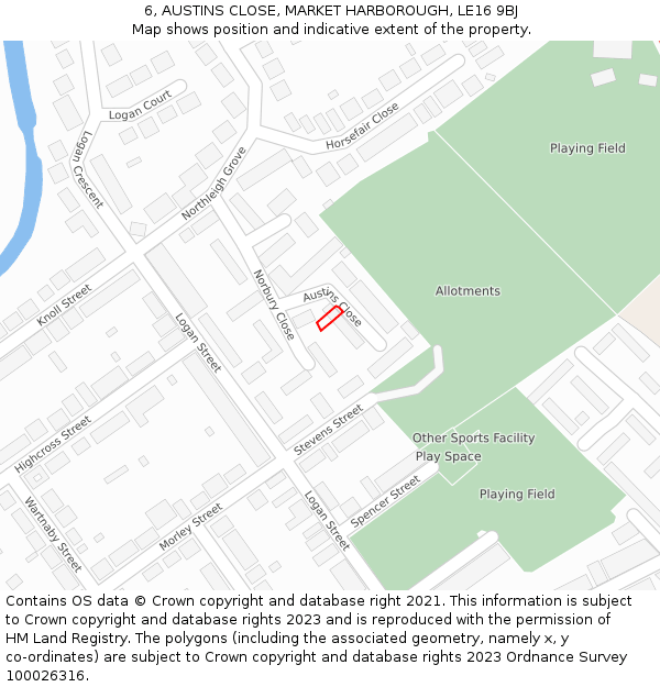 6, AUSTINS CLOSE, MARKET HARBOROUGH, LE16 9BJ: Location map and indicative extent of plot