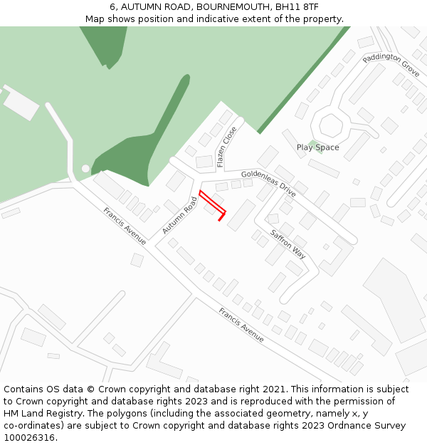 6, AUTUMN ROAD, BOURNEMOUTH, BH11 8TF: Location map and indicative extent of plot