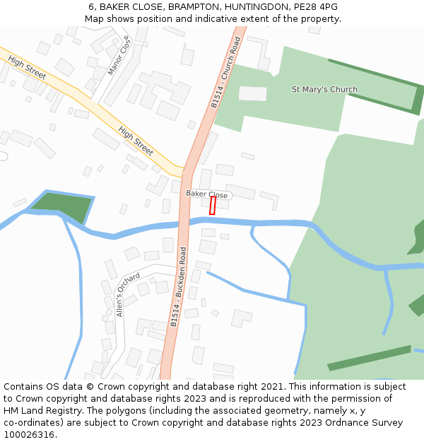6, BAKER CLOSE, BRAMPTON, HUNTINGDON, PE28 4PG: Location map and indicative extent of plot