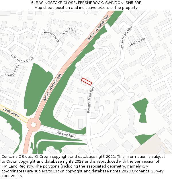 6, BASINGSTOKE CLOSE, FRESHBROOK, SWINDON, SN5 8RB: Location map and indicative extent of plot
