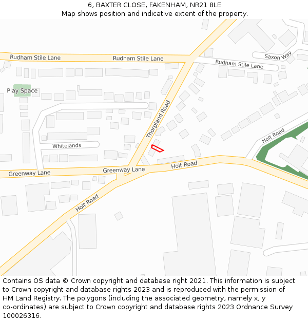 6, BAXTER CLOSE, FAKENHAM, NR21 8LE: Location map and indicative extent of plot