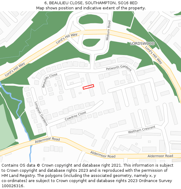 6, BEAULIEU CLOSE, SOUTHAMPTON, SO16 8ED: Location map and indicative extent of plot
