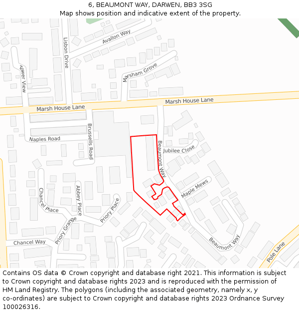6, BEAUMONT WAY, DARWEN, BB3 3SG: Location map and indicative extent of plot