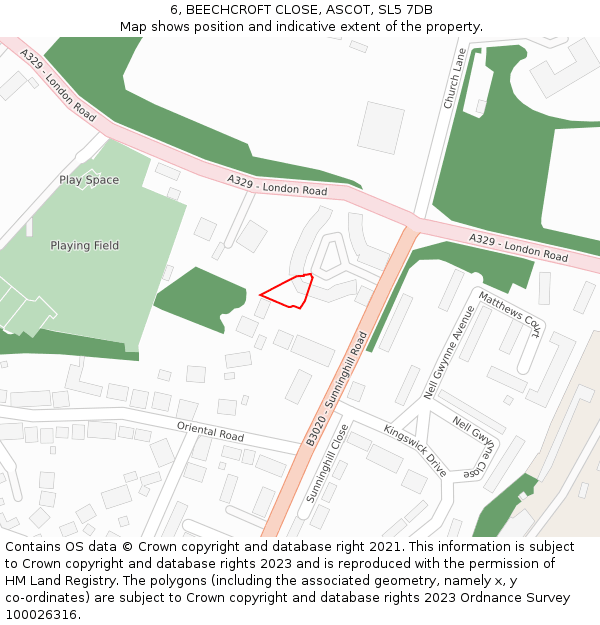 6, BEECHCROFT CLOSE, ASCOT, SL5 7DB: Location map and indicative extent of plot
