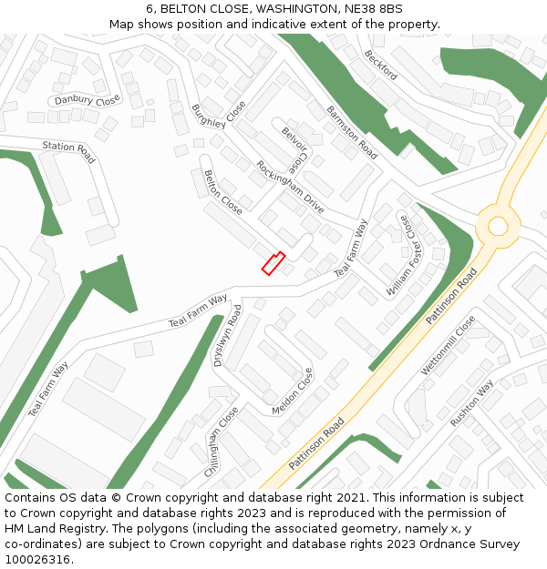 6, BELTON CLOSE, WASHINGTON, NE38 8BS: Location map and indicative extent of plot