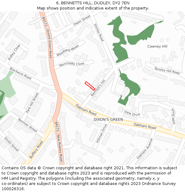 6, BENNETTS HILL, DUDLEY, DY2 7EN: Location map and indicative extent of plot
