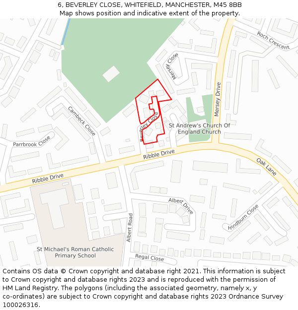 6, BEVERLEY CLOSE, WHITEFIELD, MANCHESTER, M45 8BB: Location map and indicative extent of plot