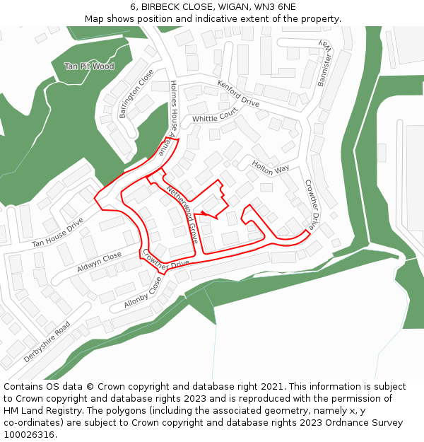 6, BIRBECK CLOSE, WIGAN, WN3 6NE: Location map and indicative extent of plot