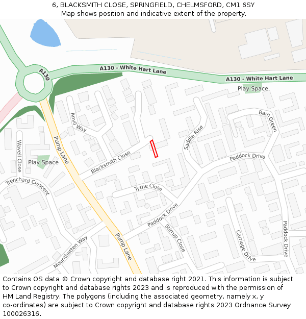 6, BLACKSMITH CLOSE, SPRINGFIELD, CHELMSFORD, CM1 6SY: Location map and indicative extent of plot