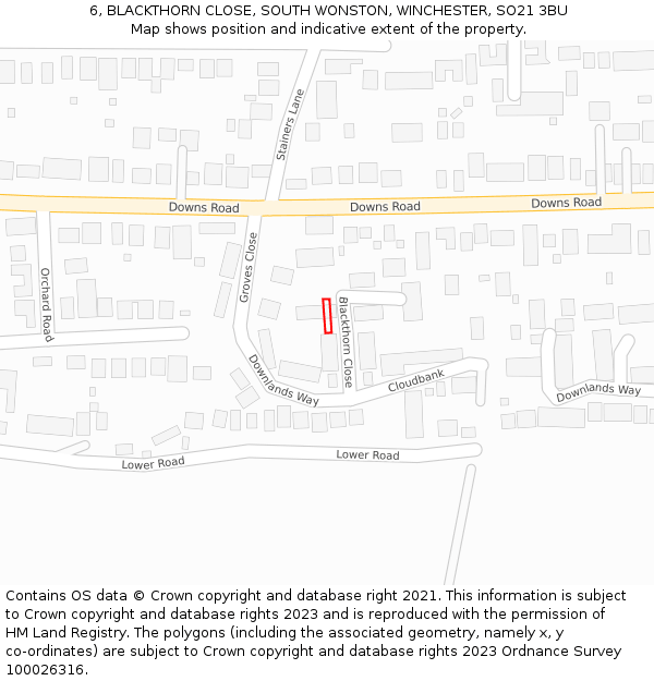 6, BLACKTHORN CLOSE, SOUTH WONSTON, WINCHESTER, SO21 3BU: Location map and indicative extent of plot